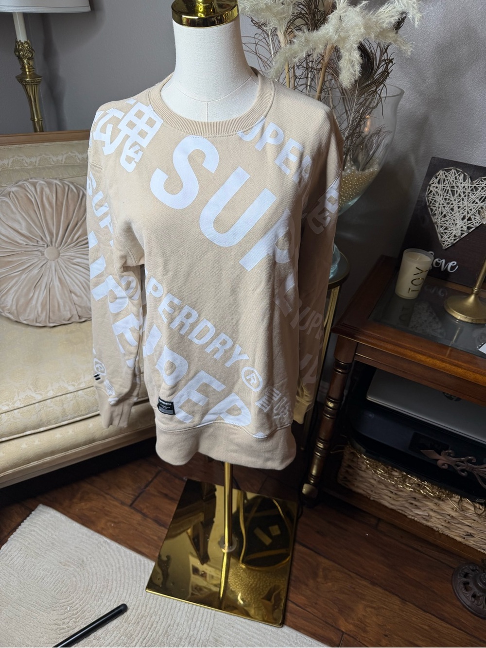 Superdry Beige All-Over Logo Crewneck Sweatshirt athleisure unisex